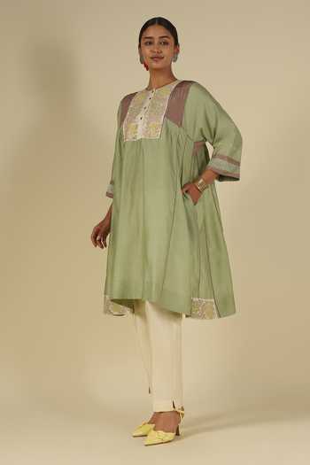 Latha Puttanna_Green Silk, Chanderi, Tussar Embroidery Round Neck, Yes Thread Kurta Set _Online_at_Aza_Fashions