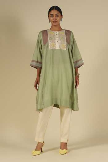 Buy_Latha Puttanna_Green Silk, Chanderi, Tussar Embroidery Round Neck, Yes Thread Kurta Set _Online_at_Aza_Fashions