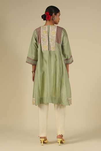 Shop_Latha Puttanna_Green Silk, Chanderi, Tussar Embroidery Round Neck, Yes Thread Kurta Set _at_Aza_Fashions