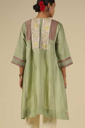 Latha Puttanna_Green Silk, Chanderi, Tussar Embroidery Round Neck, Yes Thread Kurta Set _at_Aza_Fashions