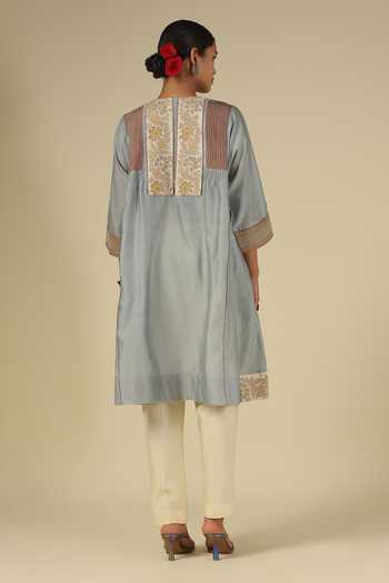 Shop_Latha Puttanna_Ivory Silk, Chanderi, Tussar Embroidery Round Neck, Yes Contrast Yoke Kurta Set _at_Aza_Fashions