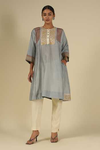 Latha Puttanna_Ivory Silk, Chanderi, Tussar Embroidery Round Neck, Yes Contrast Yoke Kurta Set _Online_at_Aza_Fashions