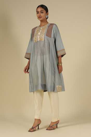 Buy_Latha Puttanna_Ivory Silk, Chanderi, Tussar Embroidery Round Neck, Yes Contrast Yoke Kurta Set _Online_at_Aza_Fashions