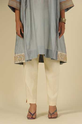Shop_Latha Puttanna_Ivory Silk, Chanderi, Tussar Embroidery Round Neck, Yes Contrast Yoke Kurta Set _Online_at_Aza_Fashions