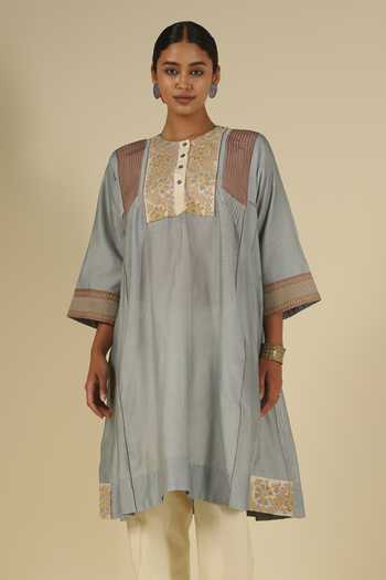 Latha Puttanna_Ivory Silk, Chanderi, Tussar Embroidery Round Neck, Yes Contrast Yoke Kurta Set _at_Aza_Fashions