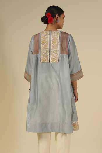 Buy_Latha Puttanna_Ivory Silk, Chanderi, Tussar Embroidery Round Neck, Yes Contrast Yoke Kurta Set 