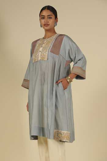 Shop_Latha Puttanna_Ivory Silk, Chanderi, Tussar Embroidery Round Neck, Yes Contrast Yoke Kurta Set 