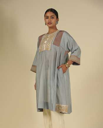 Latha Puttanna_Ivory Silk, Chanderi, Tussar Embroidery Round Neck, Yes Contrast Yoke Kurta Set _Online