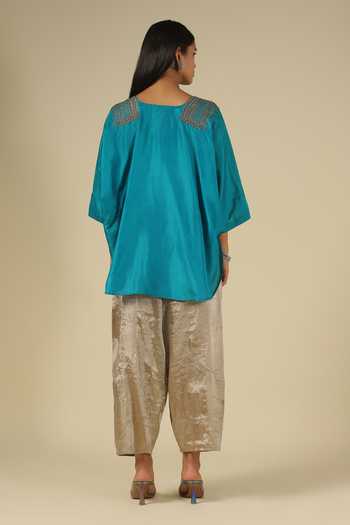 Shop_Latha Puttanna_Gold Silk Embroidery Round Neck Thread Top _at_Aza_Fashions
