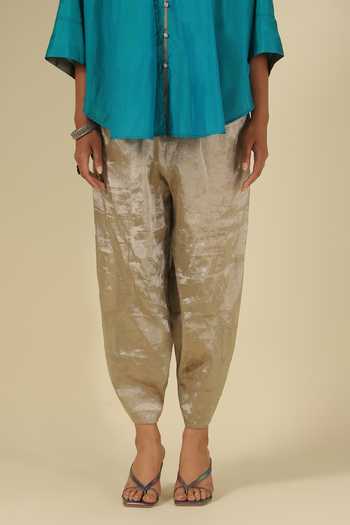 Shop_Latha Puttanna_Gold Silk Embroidery Round Neck Thread Top _Online_at_Aza_Fashions