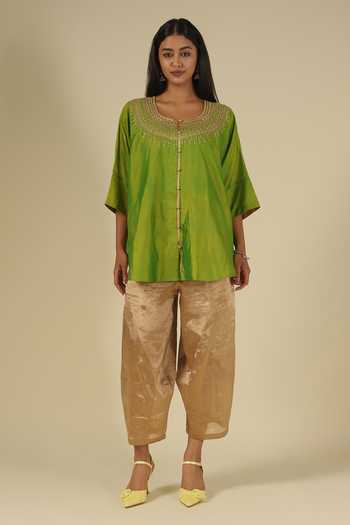 Latha Puttanna_Green Silk Embroidery Scoop Neck Thread Karnataka Top _Online_at_Aza_Fashions