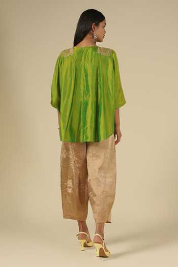 Shop_Latha Puttanna_Green Silk Embroidery Scoop Neck Thread Karnataka Top _at_Aza_Fashions
