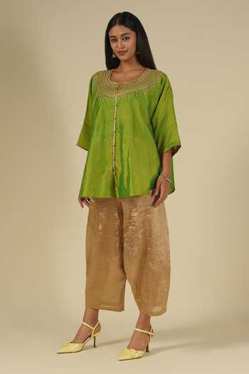 Buy_Latha Puttanna_Green Silk Embroidery Scoop Neck Thread Karnataka Top _Online_at_Aza_Fashions