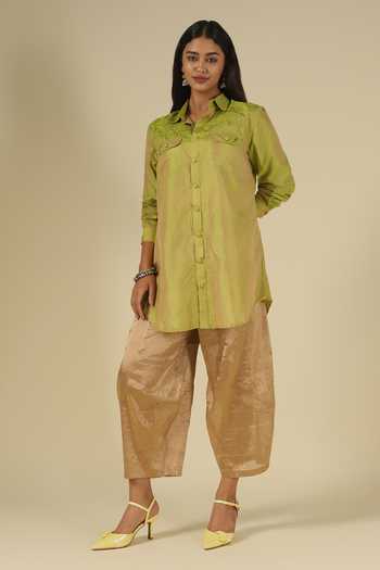 Latha Puttanna_Green Silk Embroidery Button-down Neck Thread Shirt Tunic _Online_at_Aza_Fashions