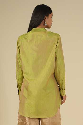 Buy_Latha Puttanna_Green Silk Embroidery Button-down Neck Thread Shirt Tunic _Online_at_Aza_Fashions