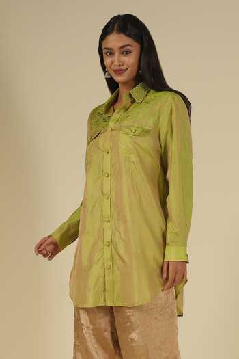 Shop_Latha Puttanna_Green Silk Embroidery Button-down Neck Thread Shirt Tunic _Online_at_Aza_Fashions