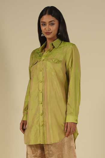 Latha Puttanna_Green Silk Embroidery Button-down Neck Thread Shirt Tunic _at_Aza_Fashions