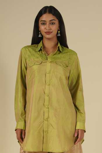 Buy_Latha Puttanna_Green Silk Embroidery Button-down Neck Thread Shirt Tunic 