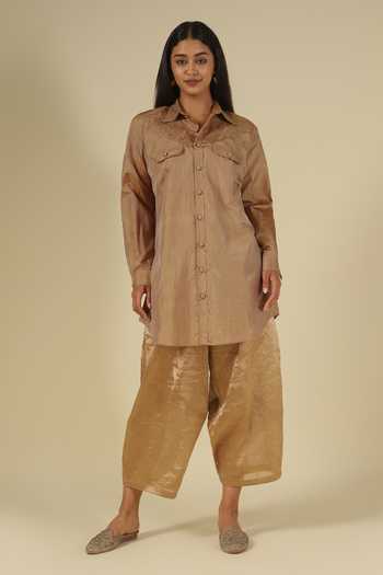 Latha Puttanna_Gold Silk Embroidery Collared Thread Work Shirt Tunic _Online_at_Aza_Fashions