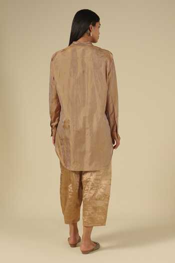 Buy_Latha Puttanna_Gold Silk Embroidery Collared Thread Work Shirt Tunic _Online_at_Aza_Fashions