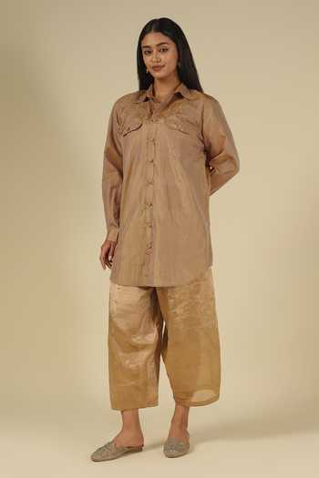 Shop_Latha Puttanna_Gold Silk Embroidery Collared Thread Work Shirt Tunic _Online_at_Aza_Fashions