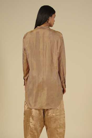 Buy_Latha Puttanna_Gold Silk Embroidery Collared Thread Work Shirt Tunic 