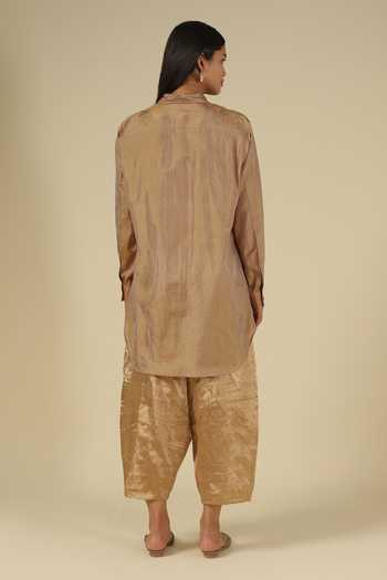 Shop_Latha Puttanna_Gold Silk Embroidery Collared Thread Work Shirt Tunic _at_Aza_Fashions