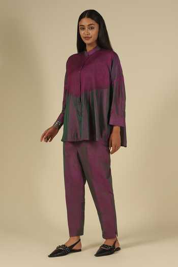 Buy_LATHA PUTTANNA_Purple Silk Embroidery Mandarin Collar Thread Hand Top 