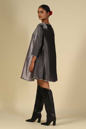 LATHA PUTTANNA_Silver Silk, Satin Embroidery Round Neck Thread Dress _Online_at_Aza_Fashions