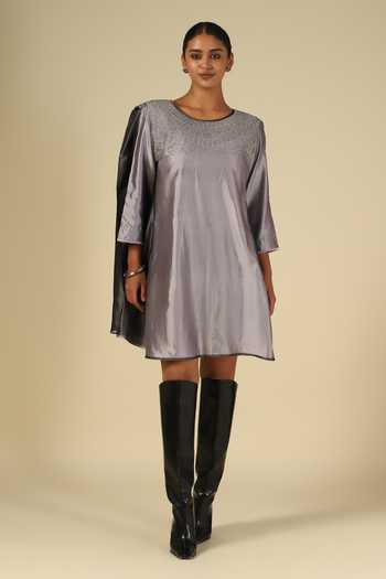 Buy_LATHA PUTTANNA_Silver Silk, Satin Embroidery Round Neck Thread Dress _Online_at_Aza_Fashions
