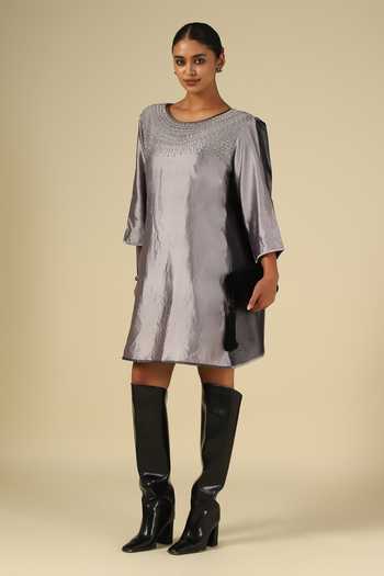 Shop_LATHA PUTTANNA_Silver Silk, Satin Embroidery Round Neck Thread Dress _Online_at_Aza_Fashions