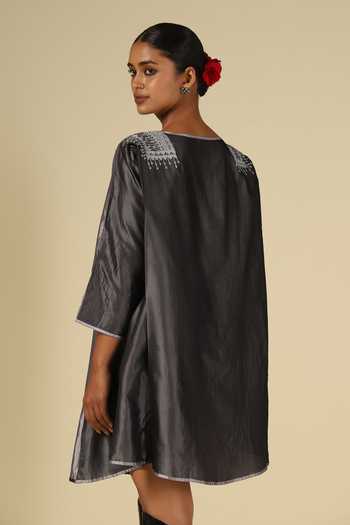 Shop_LATHA PUTTANNA_Silver Silk, Satin Embroidery Round Neck Thread Dress _at_Aza_Fashions