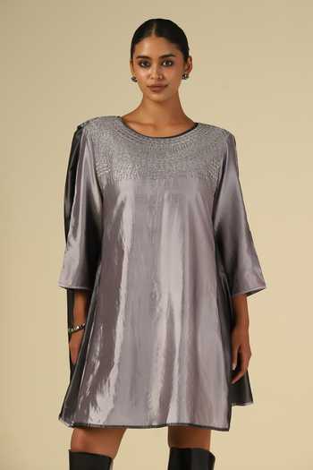 LATHA PUTTANNA_Silver Silk, Satin Embroidery Round Neck Thread Dress _at_Aza_Fashions