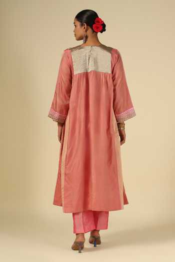 Shop_LATHA PUTTANNA_Peach Silk, Cotton, Satin, Tissue Embroidery Round Neck, Yes Kurta And Pant Set _at_Aza_Fashions