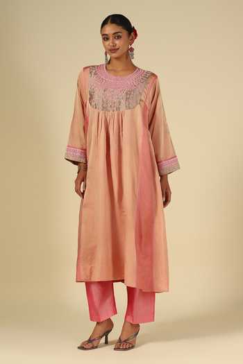 LATHA PUTTANNA_Peach Silk, Cotton, Satin, Tissue Embroidery Round Neck, Yes Kurta And Pant Set _Online_at_Aza_Fashions
