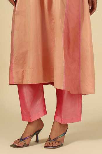 Buy_LATHA PUTTANNA_Peach Silk, Cotton, Satin, Tissue Embroidery Round Neck, Yes Kurta And Pant Set _Online_at_Aza_Fashions