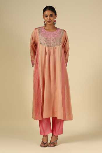 Shop_LATHA PUTTANNA_Peach Silk, Cotton, Satin, Tissue Embroidery Round Neck, Yes Kurta And Pant Set _Online_at_Aza_Fashions