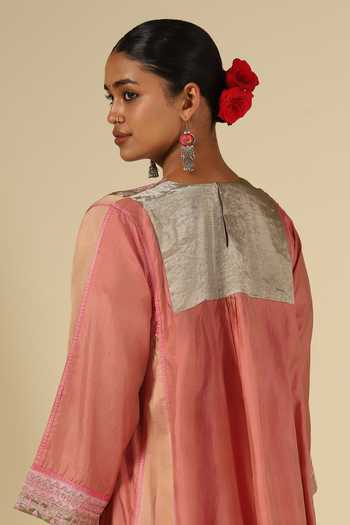 LATHA PUTTANNA_Peach Silk, Cotton, Satin, Tissue Embroidery Round Neck, Yes Kurta And Pant Set _at_Aza_Fashions