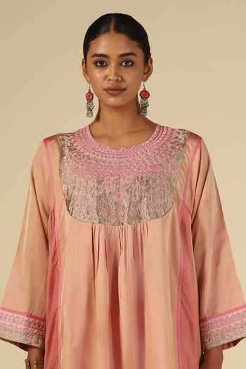Buy_LATHA PUTTANNA_Peach Silk, Cotton, Satin, Tissue Embroidery Round Neck, Yes Kurta And Pant Set 