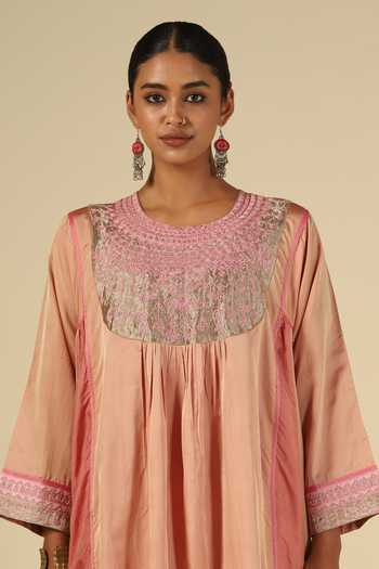 Shop_LATHA PUTTANNA_Peach Silk, Cotton, Satin, Tissue Embroidery Round Neck, Yes Kurta And Pant Set 