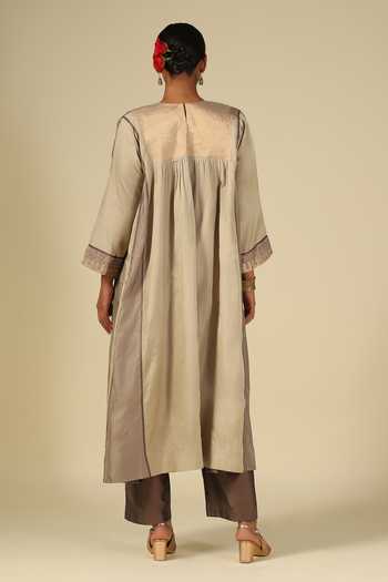 Shop_LATHA PUTTANNA_Gold Silk, Cotton, Satin, Tissue Embroidery Round Neck, Yes Hand Kurta Set _at_Aza_Fashions