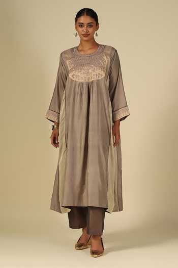 LATHA PUTTANNA_Gold Silk, Cotton, Satin, Tissue Embroidery Round Neck, Yes Hand Kurta Set _Online_at_Aza_Fashions