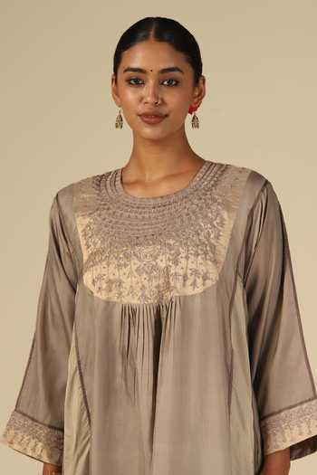 Buy_LATHA PUTTANNA_Gold Silk, Cotton, Satin, Tissue Embroidery Round Neck, Yes Hand Kurta Set _Online_at_Aza_Fashions
