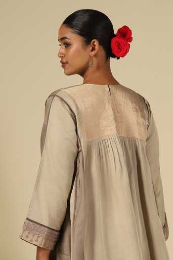 Shop_LATHA PUTTANNA_Gold Silk, Cotton, Satin, Tissue Embroidery Round Neck, Yes Hand Kurta Set _Online_at_Aza_Fashions