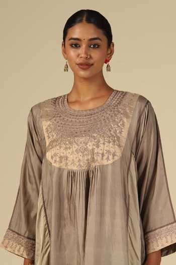 LATHA PUTTANNA_Gold Silk, Cotton, Satin, Tissue Embroidery Round Neck, Yes Hand Kurta Set _at_Aza_Fashions