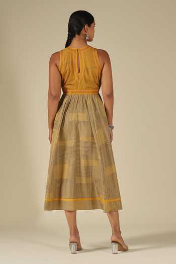 Shop_LATHA PUTTANNA_Mustard Silk Embroidery Round , Keyhole Kadi Print Karnataka Dress _at_Aza_Fashions