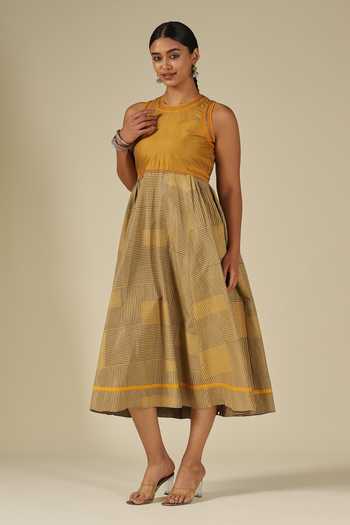 LATHA PUTTANNA_Mustard Silk Embroidery Round , Keyhole Kadi Print Karnataka Dress _Online_at_Aza_Fashions