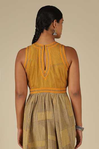 Shop_LATHA PUTTANNA_Mustard Silk Embroidery Round , Keyhole Kadi Print Karnataka Dress _Online_at_Aza_Fashions