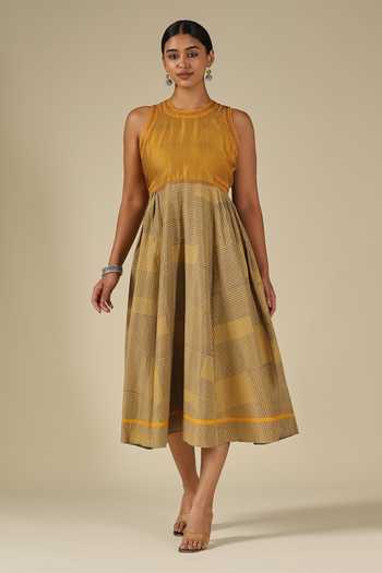 Shop_LATHA PUTTANNA_Mustard Silk Embroidery Round , Keyhole Kadi Print Karnataka Dress 