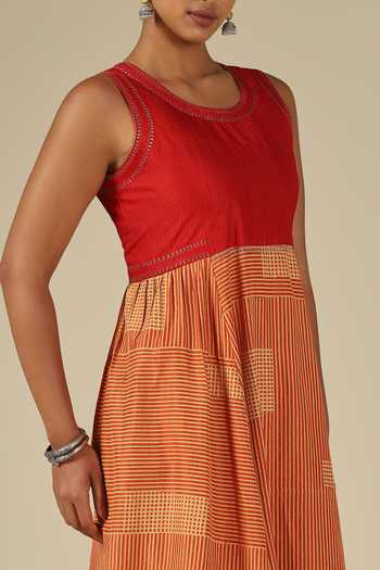 LATHA PUTTANNA_Red Silk Embroidery Round , Keyhole Thread Dress _Online_at_Aza_Fashions